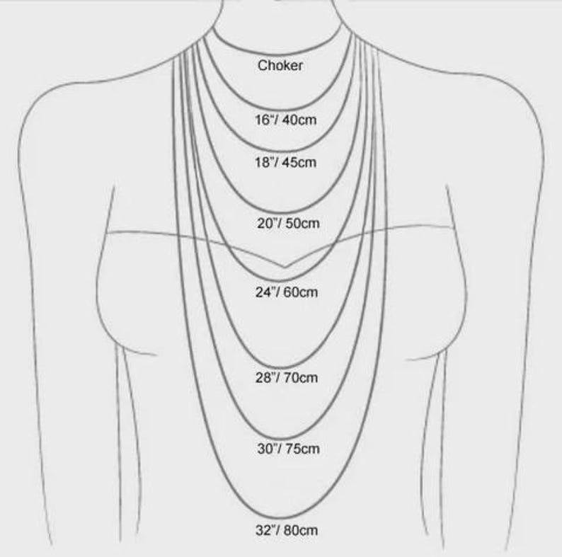 May include: A black and white line drawing showing a torso with multiple necklace lengths labeled as Choker, 16 inches, 18 inches, 20 inches, 24 inches, 28 inches, 30 inches, and 32 inches, illustrating how different chain sizes hang on the body.