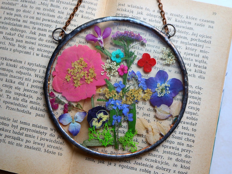 Purple pink Birth Flower decoration, mothers day gift, stained glass window hangings, pressed flower frame woodland window panel sun catcher image 1