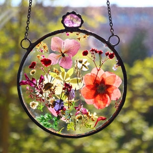 women day gift, ome decor Meadow flower pressed flower frame, Gift for Wife, Stained glass,Window Hanging Suncatcher