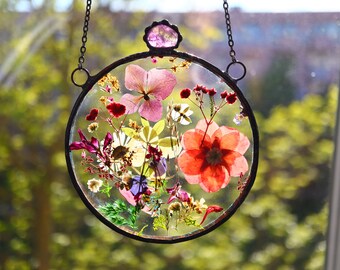 women day gift, ome decor Meadow flower pressed flower frame, Gift for Wife, Stained glass,Window Hanging Suncatcher