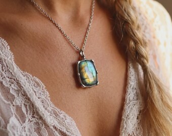 Green  gold Labradorite Pendant, Necklace Boho Gift for friend Handmade Jewlery