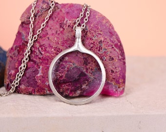 Silver Magnifying Glass Loupe Pendant: Vintage Quartz Necklace