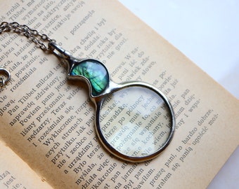 magnifying glass Loupe, gift for women, MOON LABRADORITE Necklace, statement necklace, Hand Made, gift for her