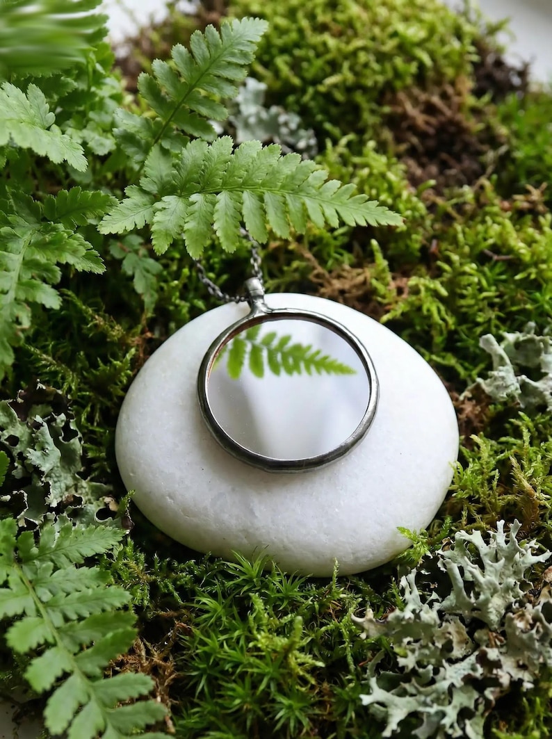 May include: A circular pendant with a dark metal frame and a reflective surface that mirrors a green fern leaf. The pendant hangs from a thin dark chain and rests upon a smooth white stone, surrounded by green moss and fern foliage.
