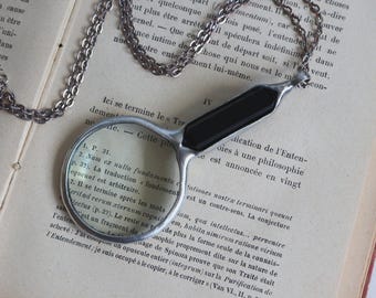 Magnifying glass Loupe necklace, Black OBSIDIAN necklace, gift for mom, antique Magnifying Glass, Silver necklace, gift for her