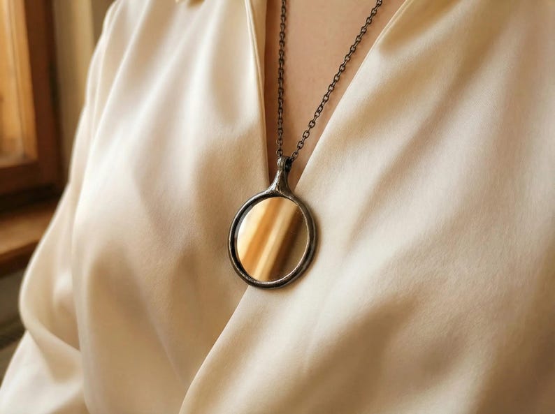 Mirror Necklace with Chain, Small Pocket Mirror Pendant, Unique Decorative Jewelry Gift image 3