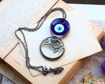 Handmade Greek Mati Protection Jewelry, Moonstone OceanLoupe Necklace, Magnifier Pendant, Bohemian Jewelry
