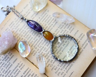 Amethyst Carnelian Magnifying Glass Necklace, Vintage Loupe Gift