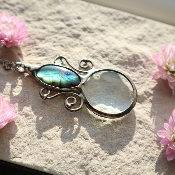 Loupe Necklace, Art Nouveau magnifying glass LOUPE pendant, blue labradorite Necklace, gift for women, quartz Jewelry, rutile quartz Pendant