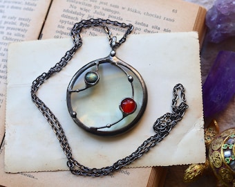 Solar System labradorite carnelian Loupe Necklace – Handmade Glass Magnifying Pendant with Two Planets