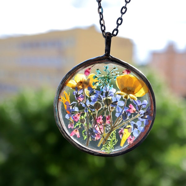 pressed yellow flower Necklace, forget me not flower necklace, fern terrarium Necklace, herbarium pendant, Mothers day gifts BUSTANI