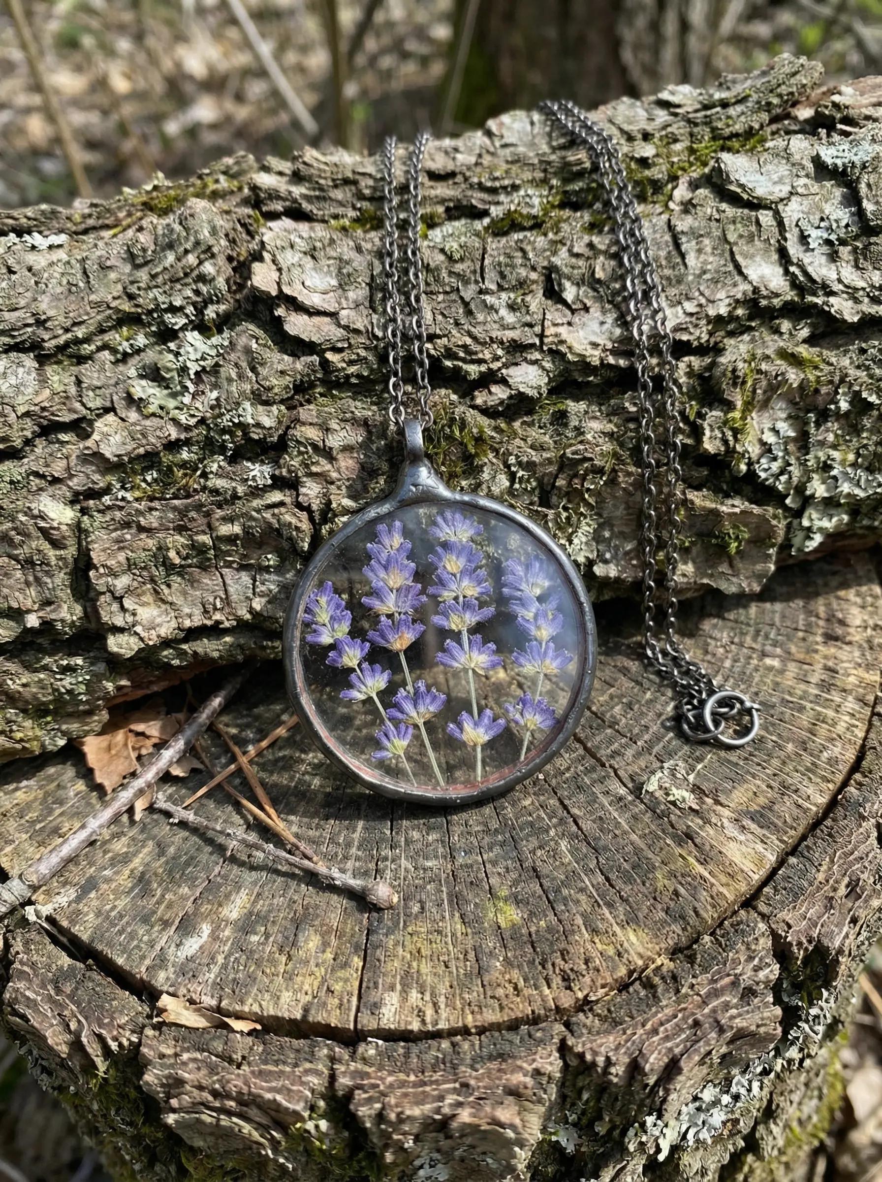ネックレス・ペンダント real flower necklace Lavender Flower Necklace: Terrarium Glass Medallion, Real Flowers