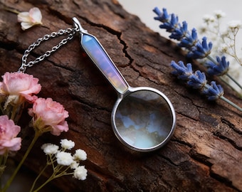 Collana con ciondolo a forma di lente d'ingrandimento in quarzo opalino: lente d'ingrandimento rustica in stile boho
