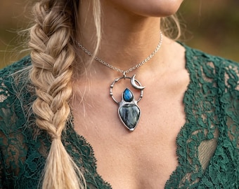 Moon Labradorite  seraphinite Necklace: Gemstone Vintage Silver Pendant, Handmade Jewelry