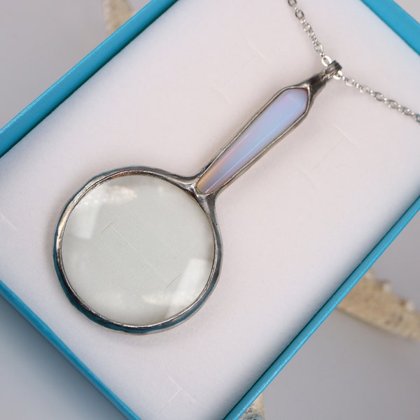 magnifying glass LOUPE pendant, OPALITE Necklace, Quartz Pendant, crystal Point Necklace, statement necklace, Long Quartz Necklace