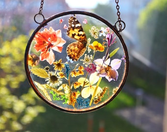 mothers day decor gift, wonderful Butterfly stained glass window hangings, pressed flower frame, window panel, Home decor, sun catcher