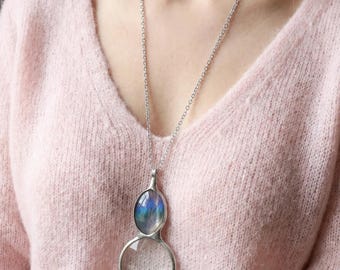 Blue Peacock Glass Loupe Necklace: Silver Boho Pendant