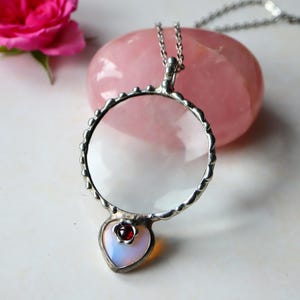 Collana con lente d&#39;ingrandimento, collana con lente d&#39;ingrandimento a forma di cuore in ametista opalite, collana lunga, collana con lente d&#39;ingrandimento, ciondolo con lente d&#39;ingrandimento LOUPE