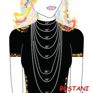 May include: Illustration of a woman's silhouette wearing a black top, showcasing necklace lengths from 14" to 34". The image includes the text "BUSTANI jewelry". The woman's hair is a mix of colors.