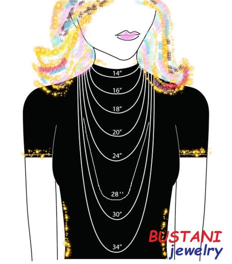May include: Illustration of a woman's silhouette wearing a black top, showcasing necklace lengths from 14" to 34". The image includes the text "BUSTANI jewelry". The woman's hair is a mix of colors.