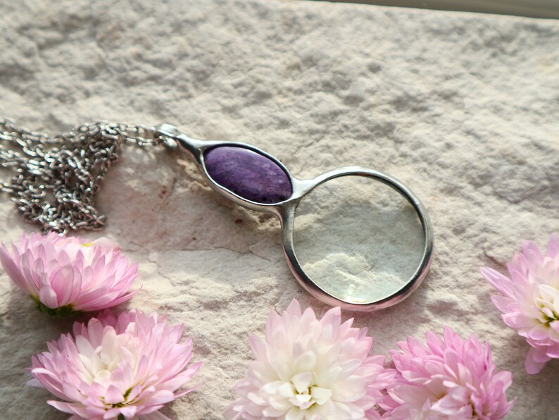 MAGNIFYING glass necklace, magnifying glass Loupe pendant, Charoite necklace, gift for women handmade image 6