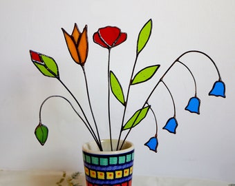 Spring Stained Glass Flowers for Vase, Bouquet Poppy, Blue Bell Flower stem for Table Eco Decor, Stained Glass Flower Window Hangings