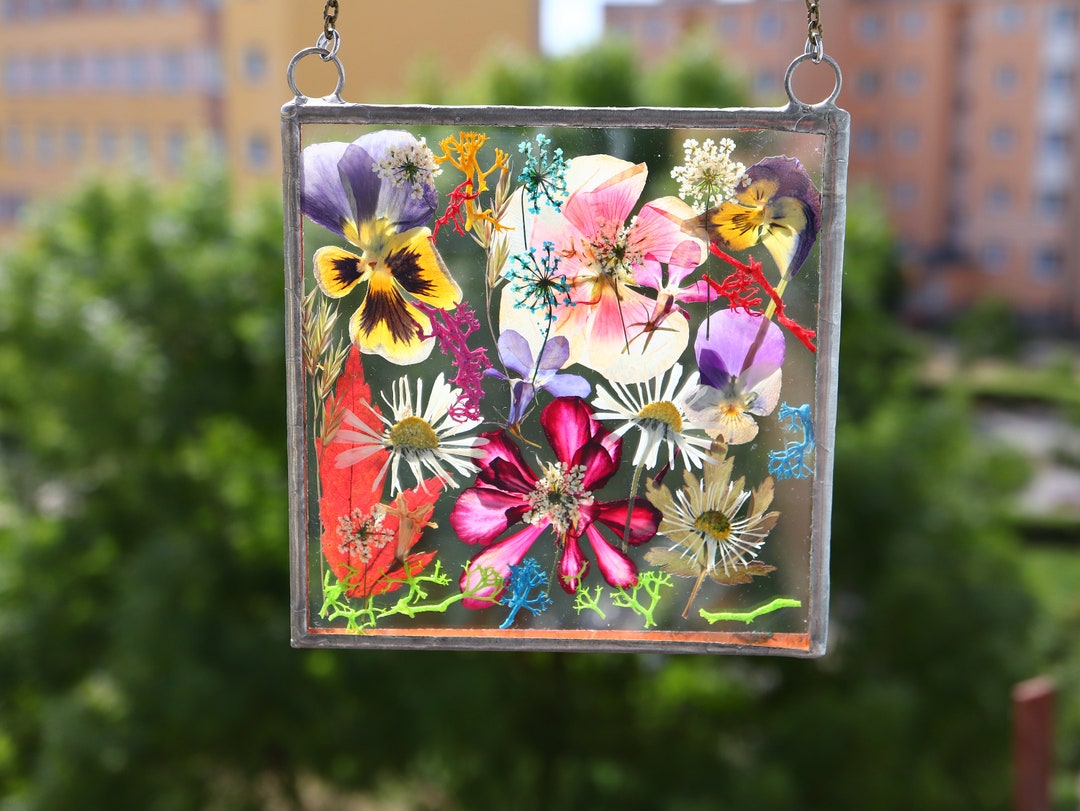 Valentines Day Dried Pressed Flowers Window Frame With Flowers Stained
