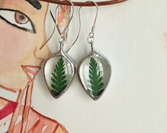 Green Fern Earrings, gift fer her, raw Silver earrings, terrarium earrings, terrarium Jewelry, BUSTANI