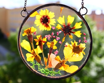 birth flowers, Fall Home Gift Home decor Yellow orange flowers pressed flower frame, Stained glass, Window Suncatcher