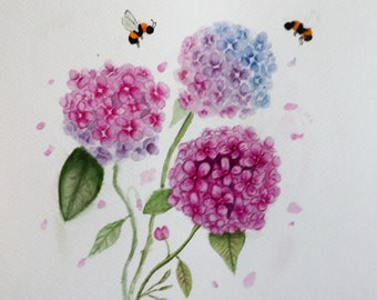Original hand painted hydrangea flower watercolor, Original Flower Painting, Watercolor Painting
