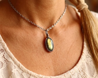 Gold Labradorite Pendant, Necklace Boho Gift for friend Handmade Jewlery