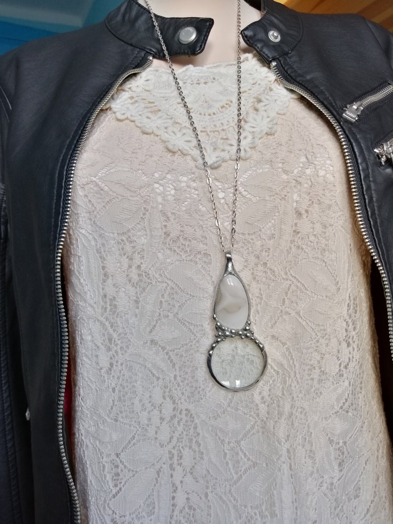 loupe necklace gift for grandma handmade MAGNIFYING glass necklace striped flint necklace magnifying glass Loupe pendant