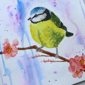 Aquarelle originale peinte à la main de mésange bleue, aquarelle d'oiseau violet, peinture originale, aquarelle d'oiseau, carte vierge