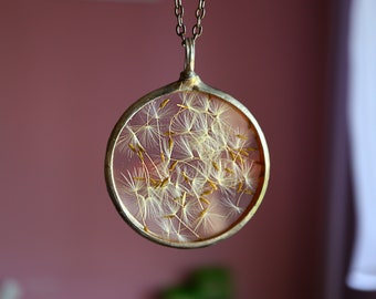 Pressed flower necklace, Real Dandelion seeds Birth flower pendant Birth month necklace February birthday necklace