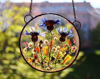 mothers day gift, cornflowers stained glass window hangings, pressed flower frame, window panel, Home decor, sun catcher