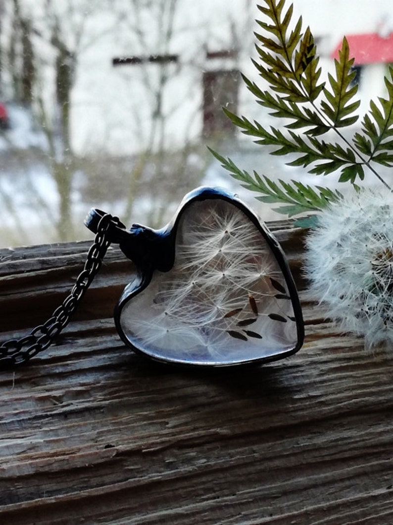 Dandelion necklace, seeds necklace,Heart, Terrarium jewelry, Spiritual Energy, real plant jewelry, wild meadow,subtle jewelry, gift for her image 4