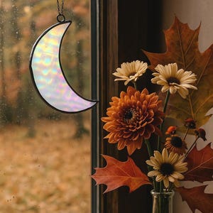 Iridescent Stained Glass Crescent Moon Suncatcher: Boho Decor