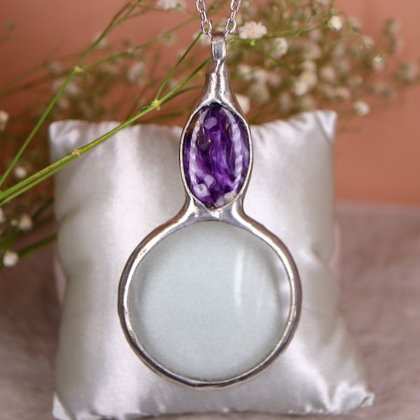 Collier loupe CHAROITE, pendentif loupe LOUPE, collier loupe, breloque loupe, cadeaux de vacances personnalisés pour elle