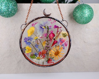 mothers day gift,Home stained glass Moon Flower circle frame Wedding decor with meadow pressed flower frame,Stained glass Hanging Suncatcher