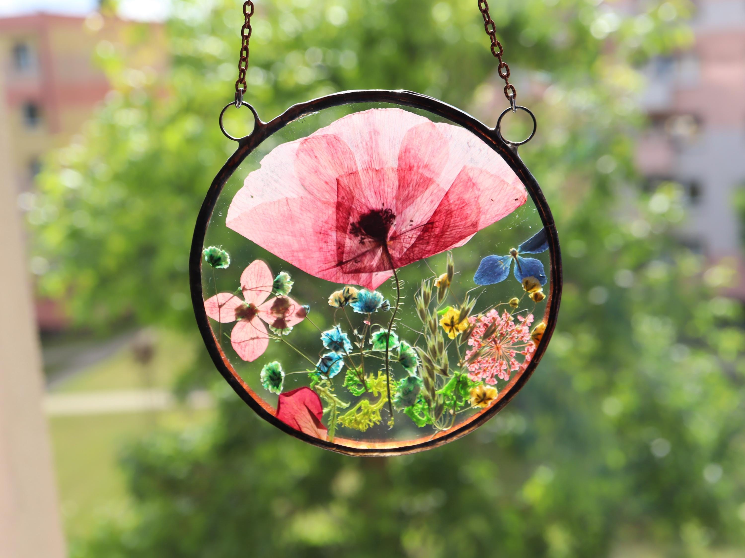Ready to ship, Birth pressed flower frame bouquet, Poppy Birthday Gift for her, Window Suncatcher,hanging Stained glass,Mom Gift for Grandma
