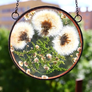 mothers day gift, Home decor dandelion moos pressed flower,stained glass window hangings, suncatcher frame, woodland window panel Home decor