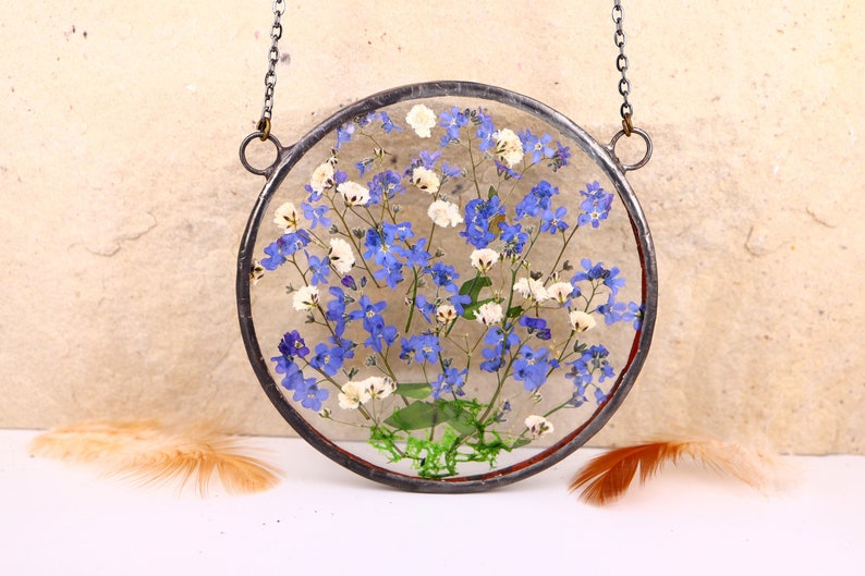 forget me nots babys breath stained glass window hangings. womens day gift. pressed flower frame, woodland panel window Home decor Gift image 3