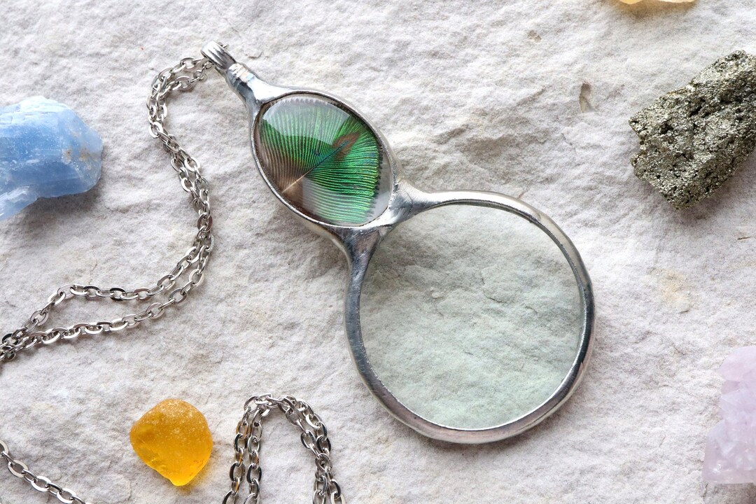 Magnifying Glass Necklace: Peacock Feather Loupe Pendant, Rustic Boho ...