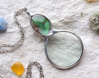 Magnifying Glass Necklace: Peacock Feather Loupe Pendant, Rustic Boho Jewelry