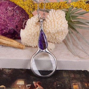 MAGNIFYING glass necklace, magnifying glass Loupe pendant, Charoite necklace, gift for women handmade