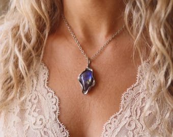 Shimmering Purple  Blue   Labradorite Pendant, Necklace Boho Gift for friend Handmade Jewlery