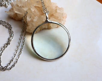 Silver magnifying glass LOUPE pendant, valentines day, Vintage Necklace, gift for women, quartz Jewelry, copper jewelry