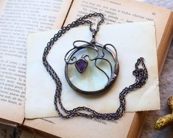 Art Nouveau Magnifying Glass Necklace: Handmade Amethyst leaf Loupe Pendant