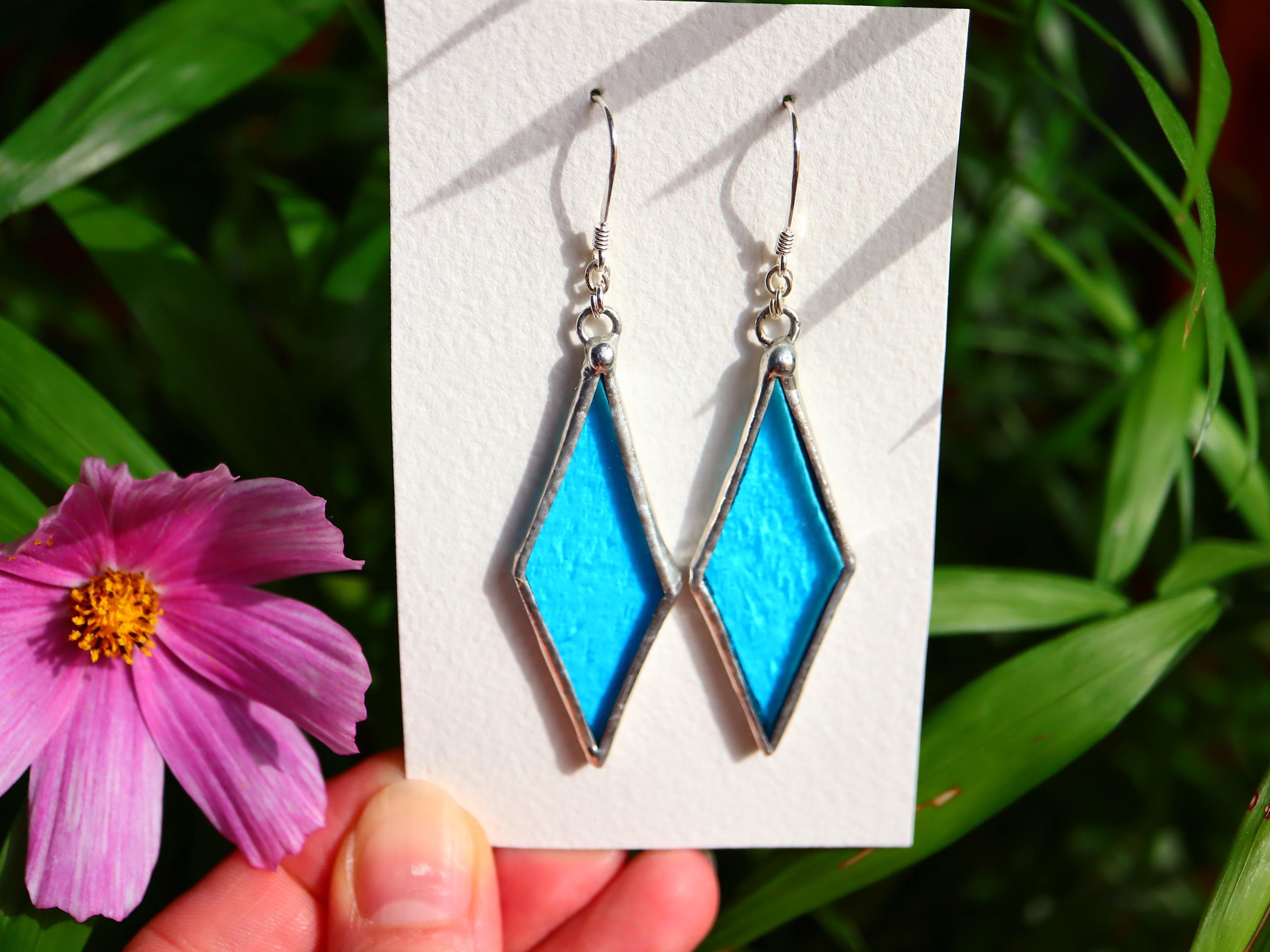Stained Glass Blue Earrings, Mom Gift, Diamond Shaped Blue Glass Earrings, rhombus Summer Earrings Dandle