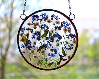 forget me nots babys breath hydrangea stained glass decor Gifts for Mom Birthday Gifts, Gift for Woman,Gift for Wife, Window Suncatcher